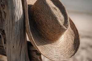 Sun Hat Hanging on Driftwood Chair, a Holiday Photo by Virgo Studio