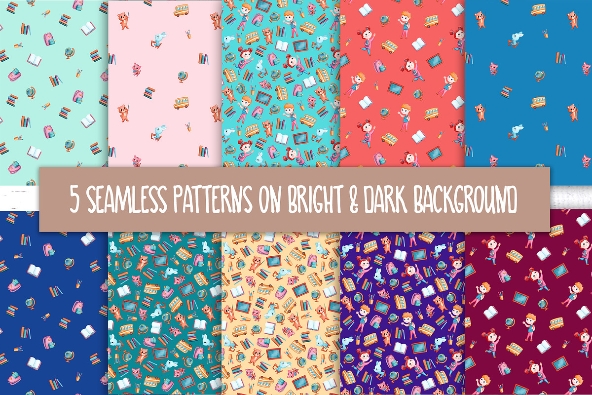School Kids Clipart and Patterns, an Animal Illustration by RabbitAndPencil (Photo 5 of 7)