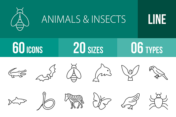60 Animals Insects Line Icons