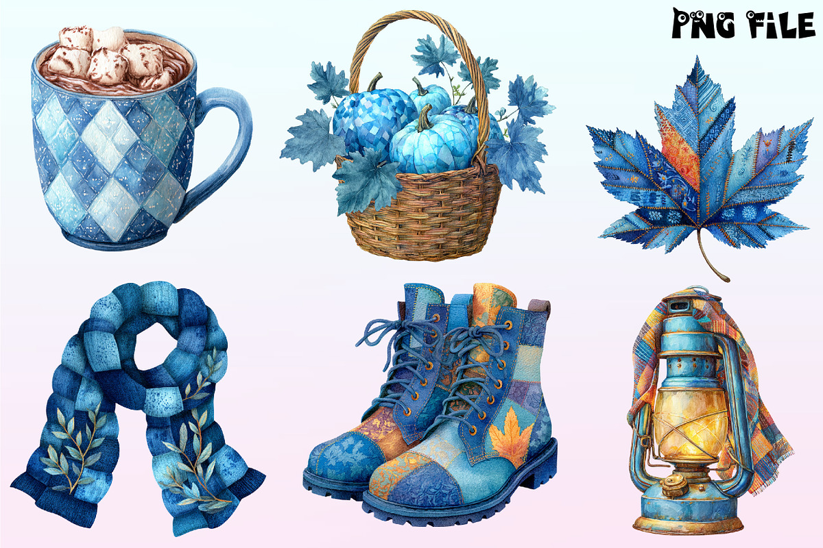 Watercolor Blue Patchwork Autumn, a Graphic by CitraGraphics (Photo 3 of 4)