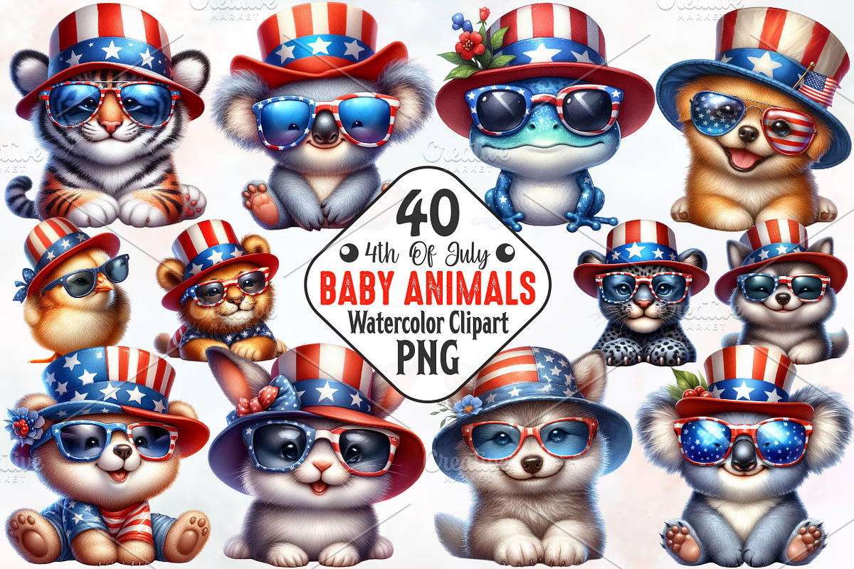 4th Of July Baby Animals Sublimation, an Animal Illustration by RobertsArt (Photo 1 of 6)