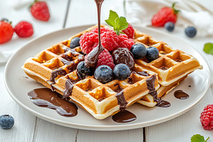 Delicious waffles topped with melted chocolate and fresh berries on a white pla, a Food & Drink Photo by AlyaAnd