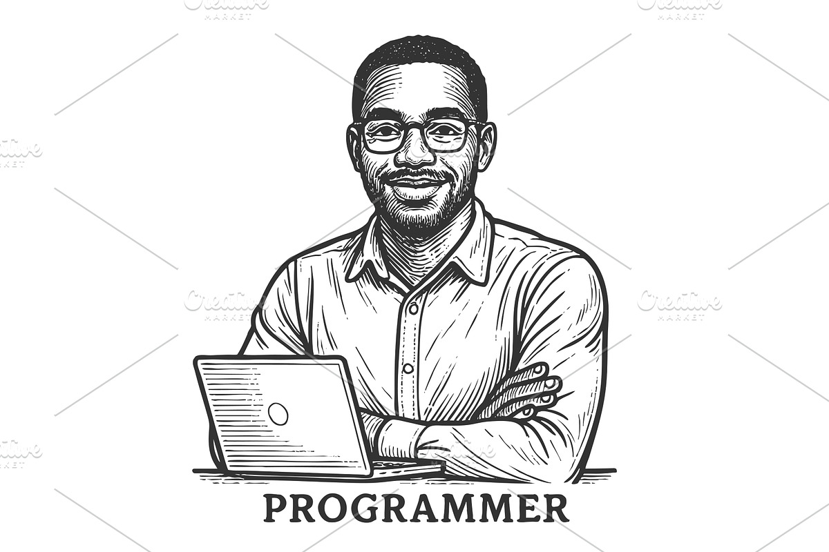 Smiling Male Programmer Working on, a Person Illustration by AlexArt