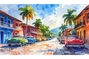 Colorful vintage cars parked along a, a Holiday Photo by Igor Tichonow