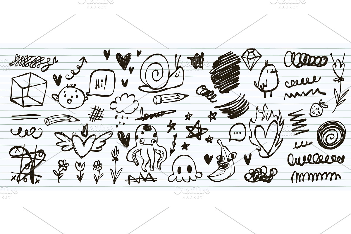 Hand drawn kid doodle icons on, an Illustration by art PVP - market