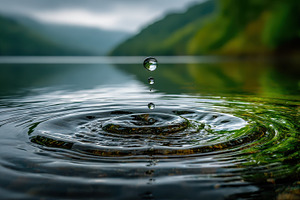 Water droplet impacting calm lake ri, a Photo by Pixeness Studio