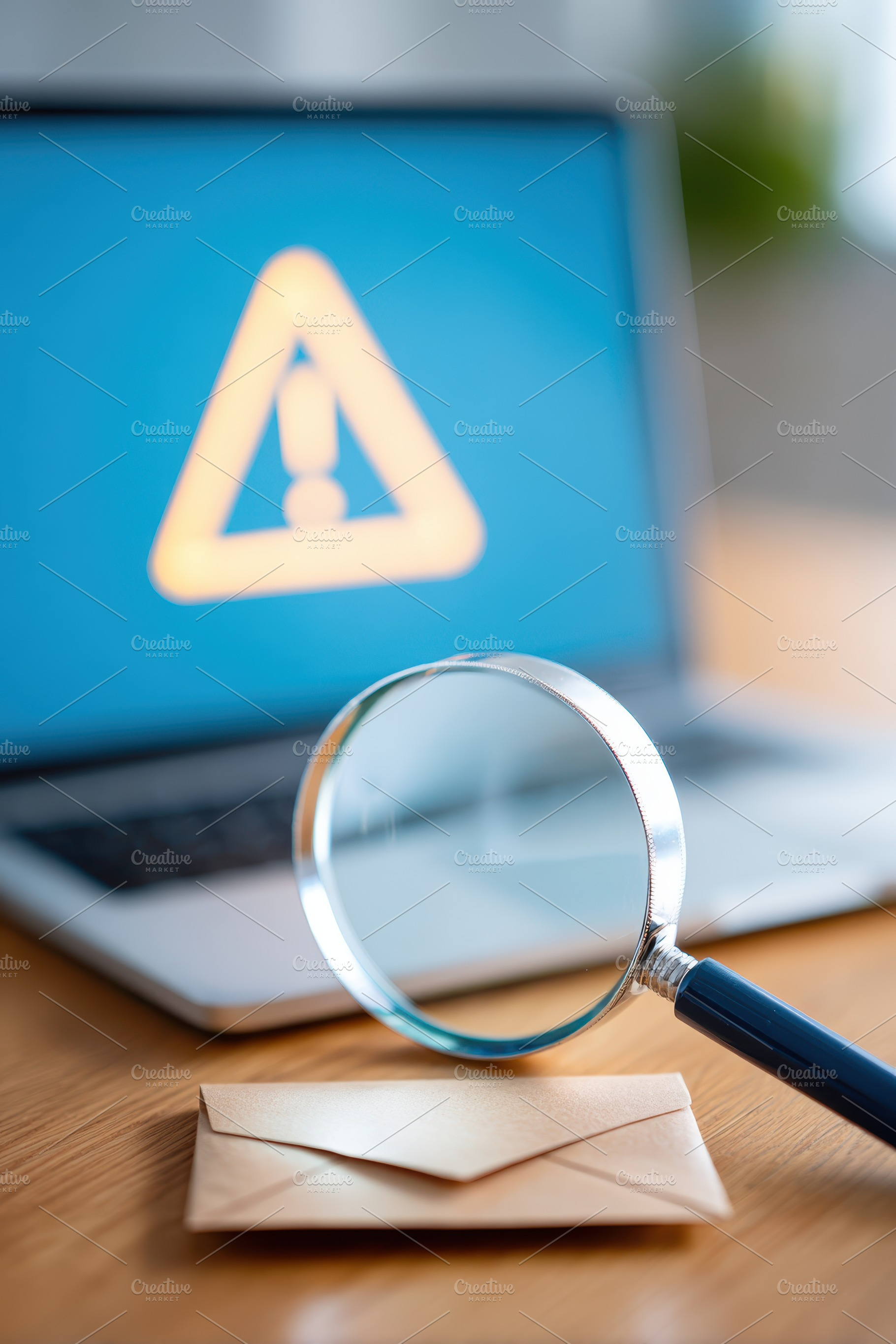 Magnifying glass and envelope with warning on laptop, a Business Photo by AlyaAnd