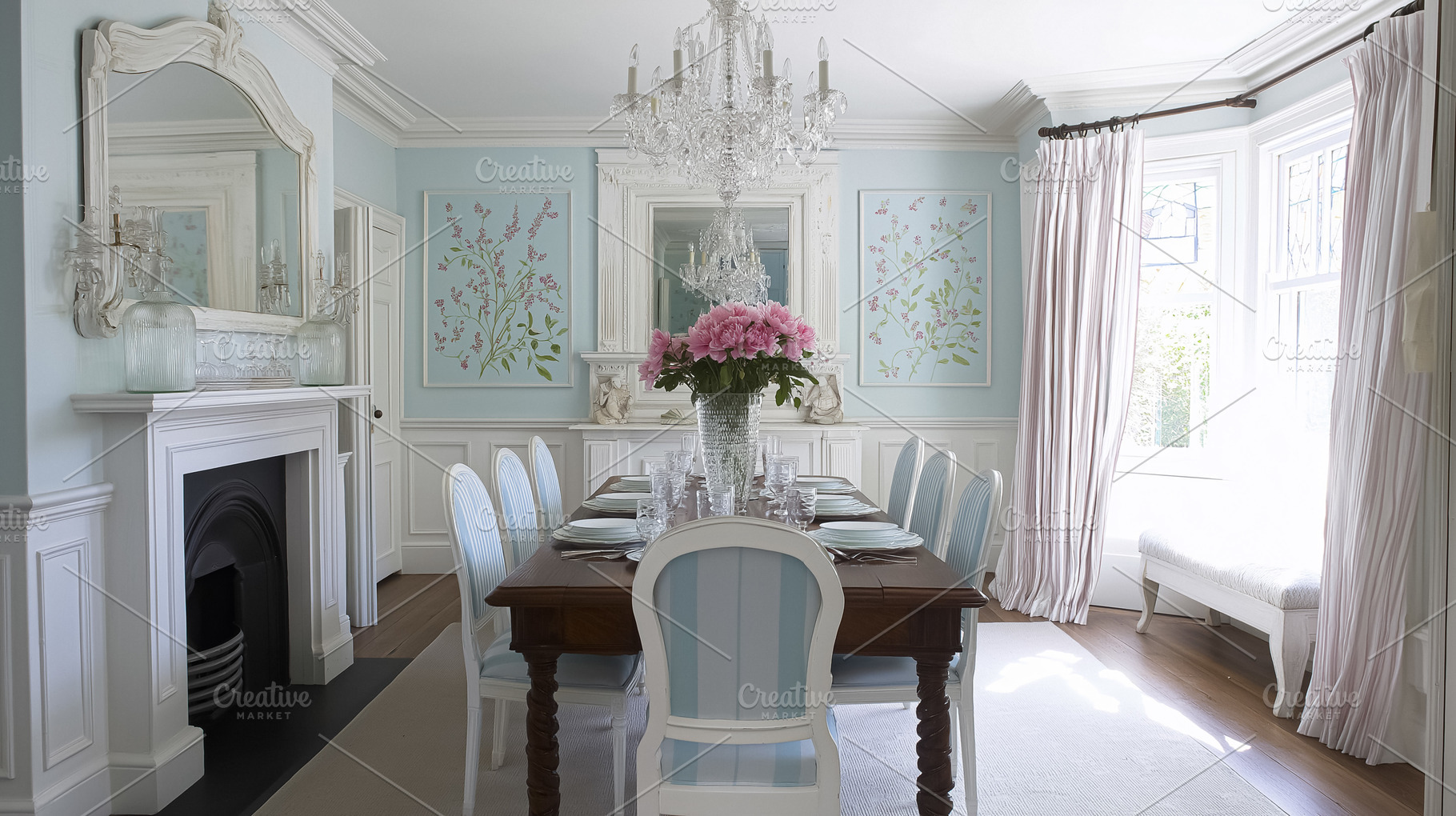 Elegant dining room depicting a set table with a floral centerpiece, antique fi, an Architecture Photo by Studio ANNA