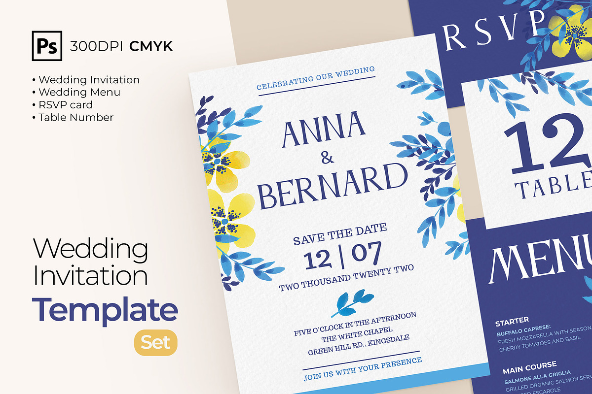 Yellow Blue Flower Wedding Template, an Invitation Template by Presetrain Co. (Photo 1 of 4)