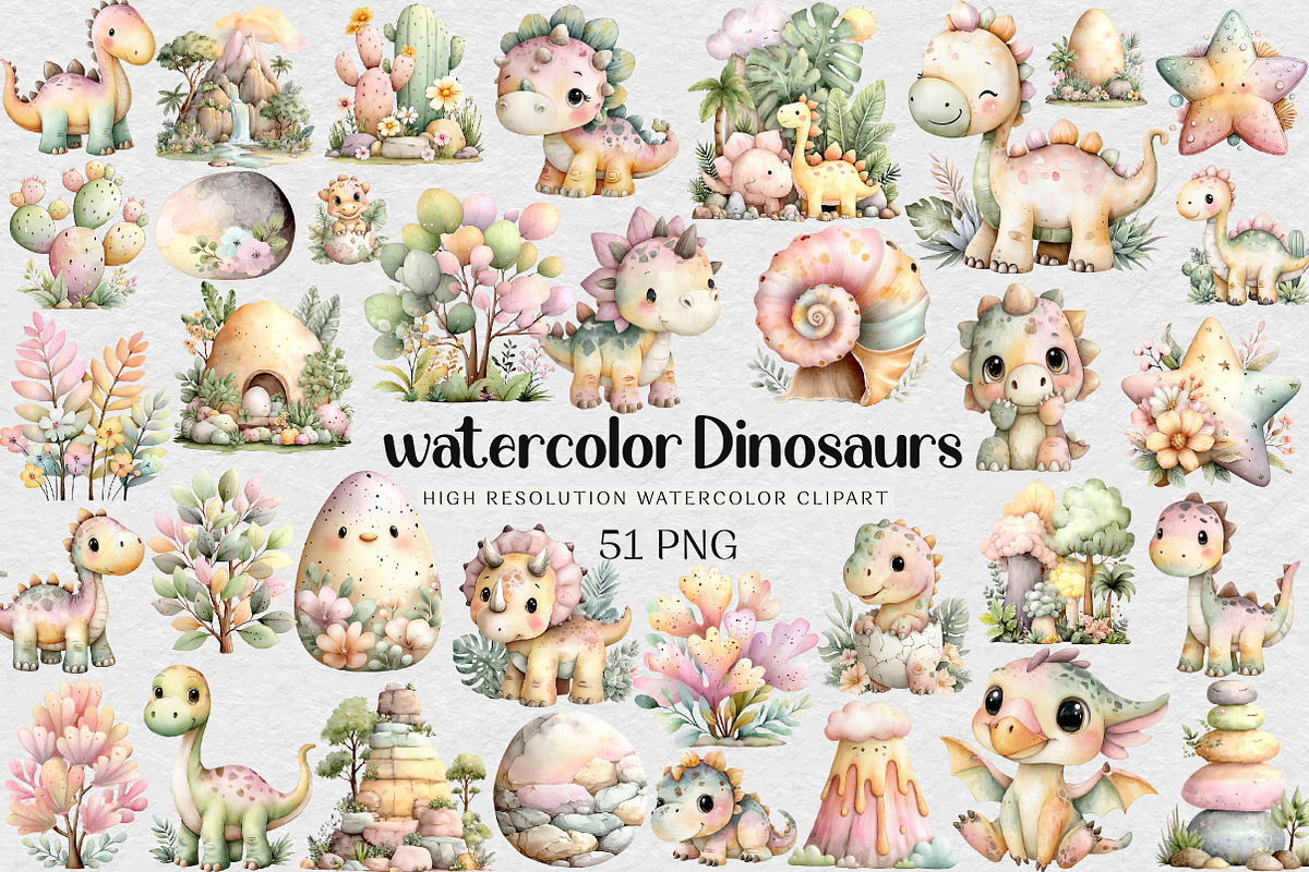Dinosaurs watercolor clipart, an Illustration by DreamCafeArt (Photo 1 of 7)