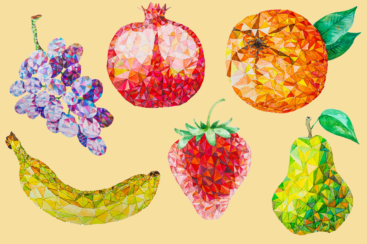 12 Watercolor Low Poly Fruit Set, a Food Illustration by LidiaP (Photo 4 of 4)
