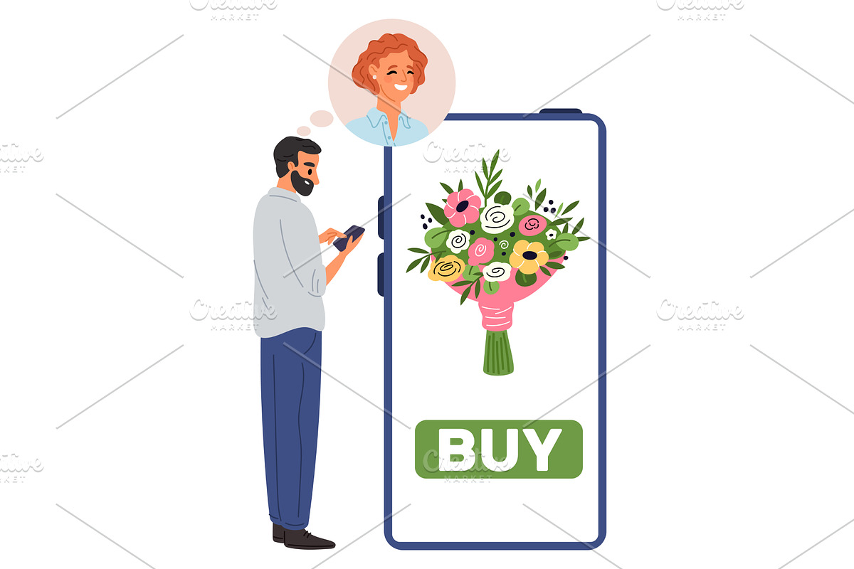 Man buys bouquet of flowers for his, a Technology Illustration by Vectorbuum