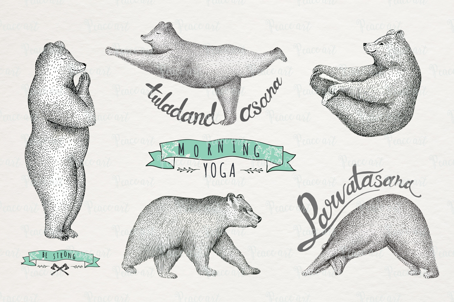 Set of Hand drawn graphic bears, an Animal Illustration by Peace ART