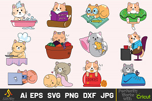 Funny Kawaii Cats Vector Clipart Set