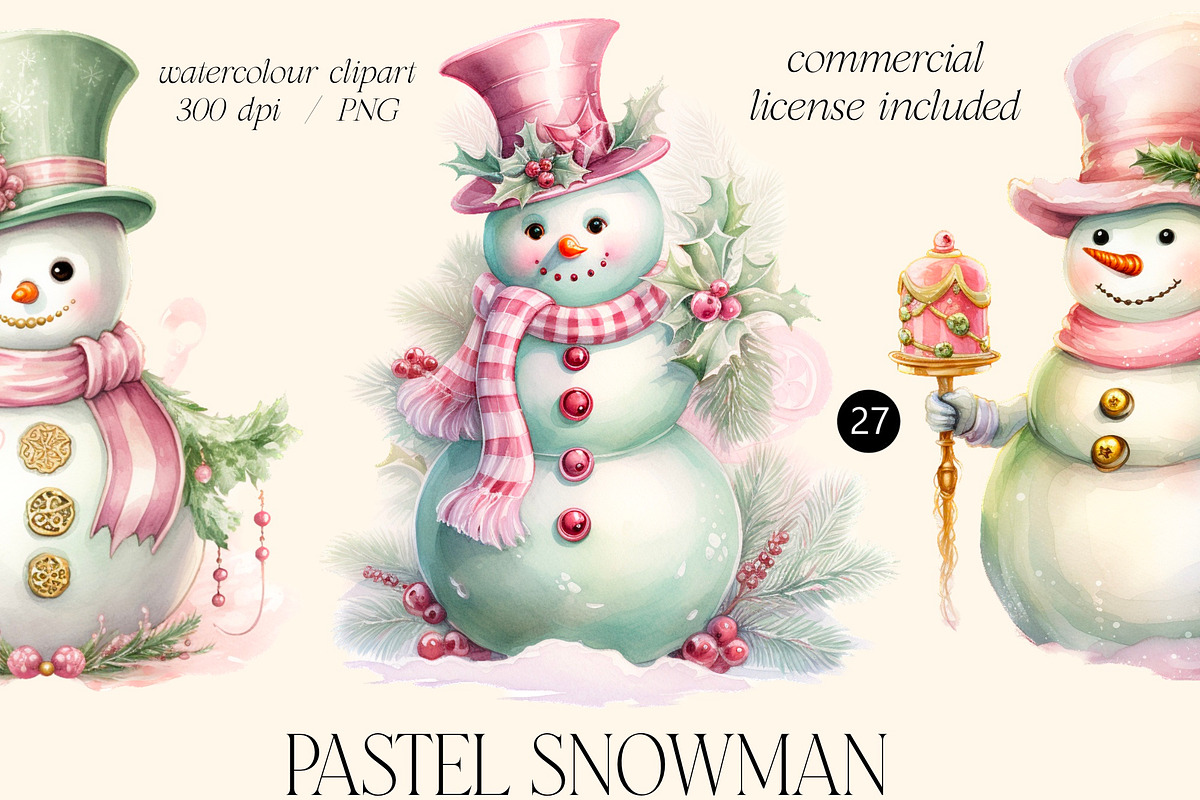 Pastel snowman watercolour clipart, a Decorative Illustration by Hello My Print (Photo 1 of 10)