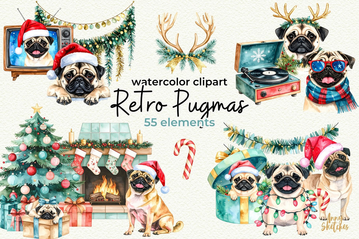 Retro Pugmas Clipart, a Seasonal Illustration by Anna Design Studio (Photo 1 of 12)