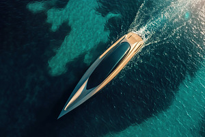 Luxury yacht glides smoothly across crystal-clear water in bright sunlight, a Transportation Photo by AlyaAnd