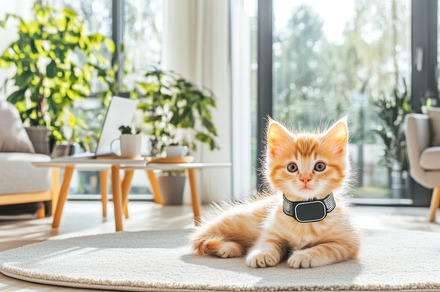 Kitten with GPS collar in living roo