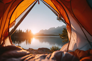 View of sunrise through open tent door at lakeside campsite with mountain backd, a Photo by AlyaAnd