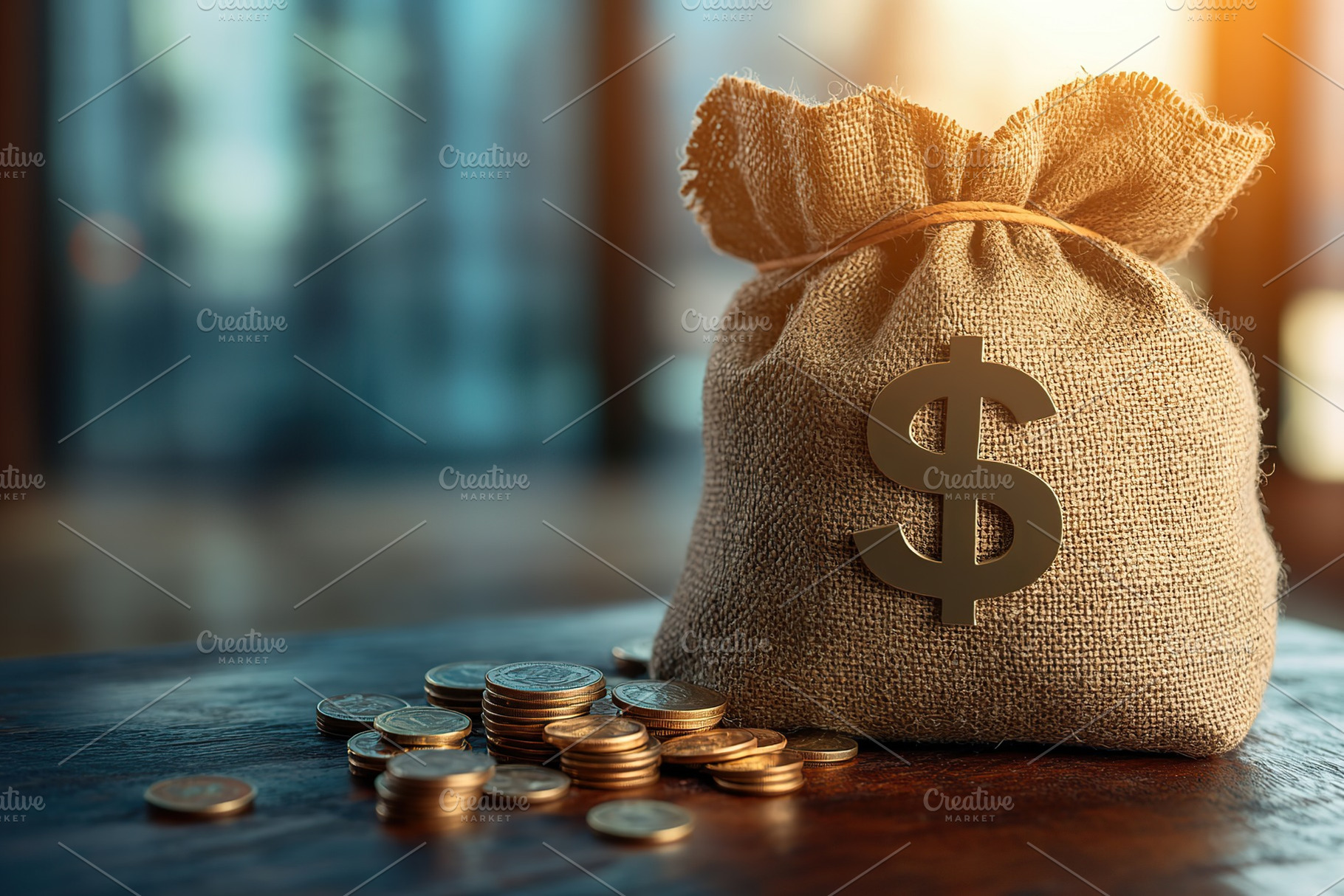 Burlap bag with dollar symbol and banknotes on wooden table, a Business Photo by AlyaAnd