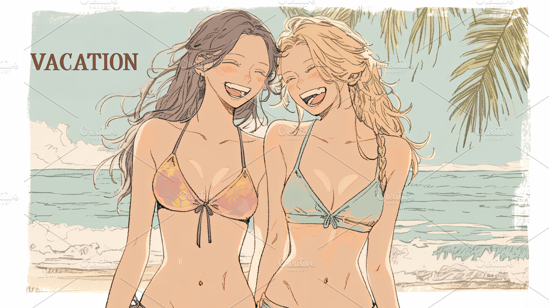 Two smiling friends enjoying a tropical beach vacation in summer sunshine, a Photo by AS photostudio