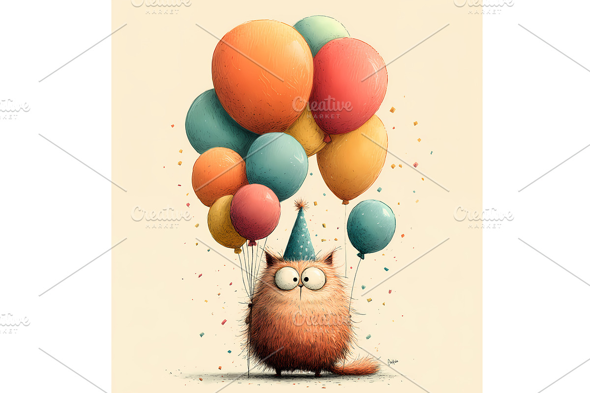 Cute birthday postcard with cat and, an Illustration by Lukas Jonaitis SHOP