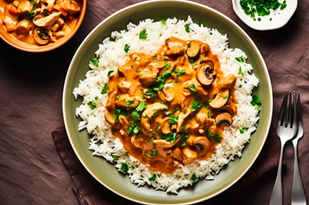 Rice with chicken and mushroom sauce, food and diet, as meal for, a Food & Drink Photo by Anneleven