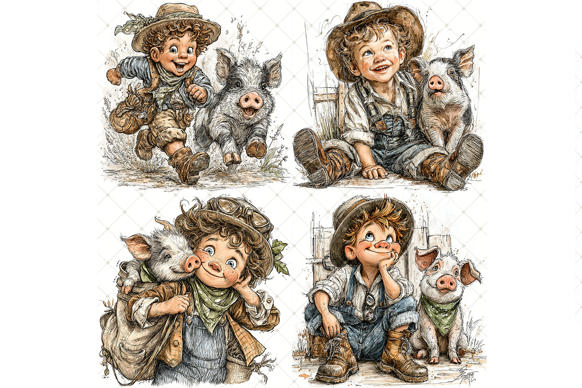 Boy and Piglet Clipart JPG, a Person Illustration by Memories By Lea (Photo 3 of 18)
