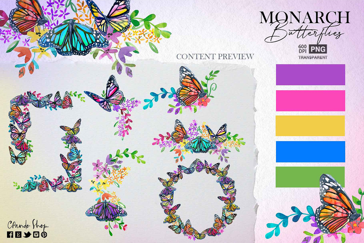 Monarch Butterflies watercolor clips, a Decorative Illustration by CpandoShop (Photo 3 of 5)