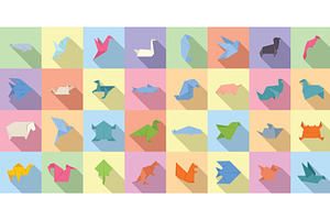 Origami Animals Icons Set Flat