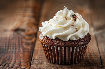 Chocolate cupcakes with white whipped cream on wooden table, a Food & Drink Photo by AlyaAnd