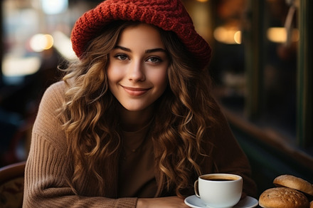 Beautiful young woman in red hat with cup of coffee in french ca, a Person Photo by AS photostudio