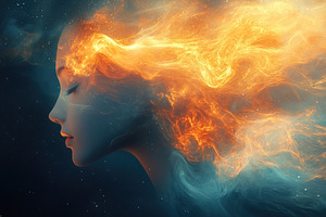 Mysterious woman with fiery hair emerging from swirling cosmic elements in deep, an Abstract Photo by AlyaAnd