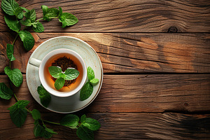 White cup of aromatic tea and green mint leafs on wooden background, a Food & Drink Photo by AlyaAnd