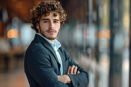 Young businessman in business suit standing on blurred office background, a Person Photo by AlyaAnd