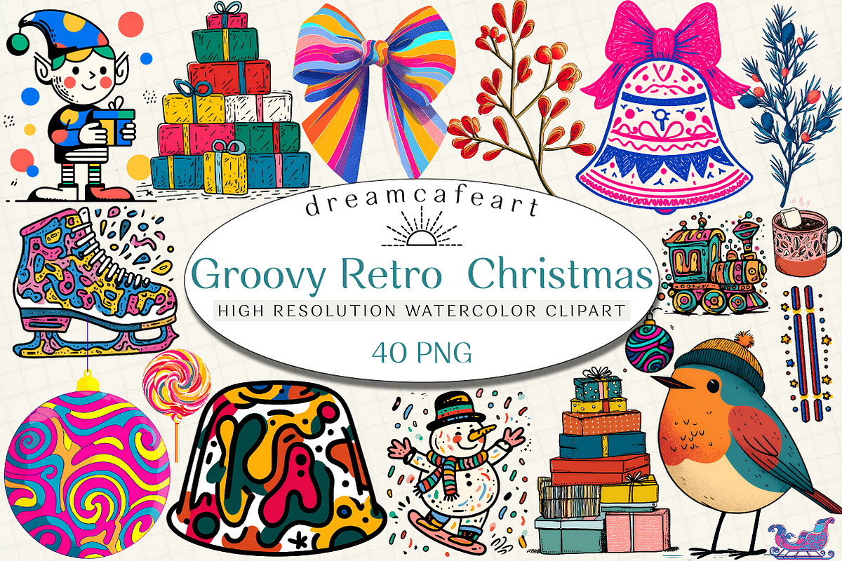 Groovy Retro  Christmas Clipart, an Illustration by DreamCafeArt (Photo 1 of 7)