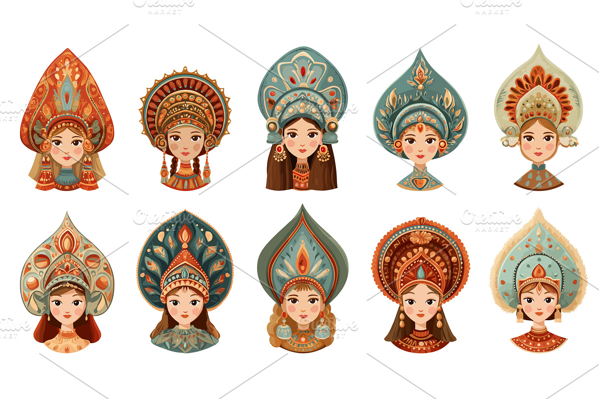 Slavic woman portrait set. Tsarina, an Illustration by Stock-Smart-Start