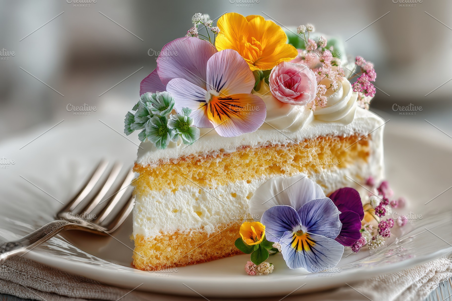 Slice of cake with edible flowers decoration, a Food & Drink Photo by AlyaAnd