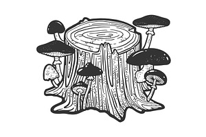 Stump With Mushrooms Sketch Vector