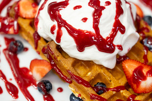 Garnished dessert breakfast served wafer jam berry, a Food & Drink Photo by Photo Drive Studio