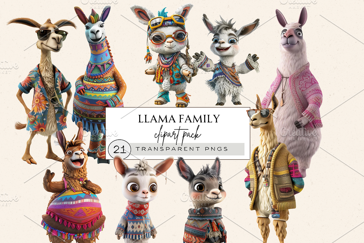 HIPPIE LLAMA FAMILY CLIPART PACK, an Animal Illustration by Daring Digies (Photo 1 of 8)
