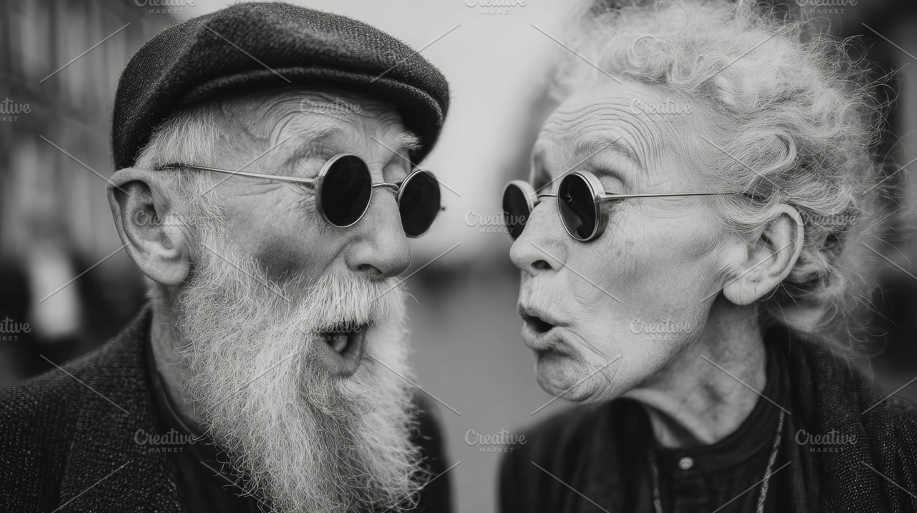 Playful elderly couple in black and white portrait sharing a surprised, joyful, a Photo by AS photostudio