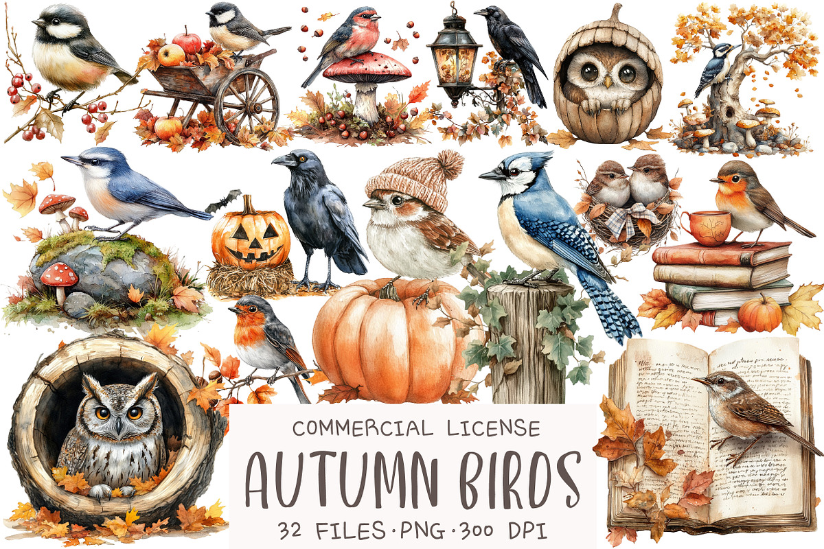Watercolor Autumn Birds Clipart, an Illustration by OK Design (Photo 1 of 5)