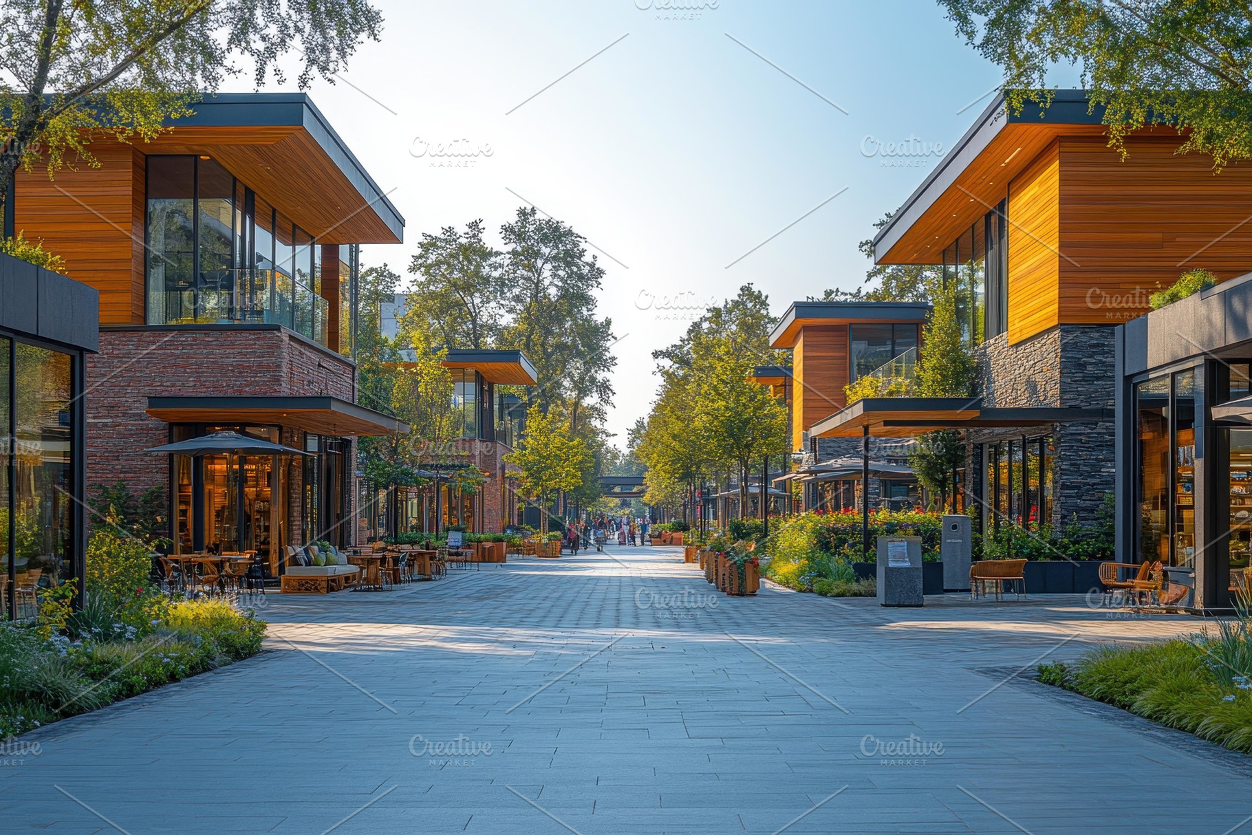 Modern shopping district with green, a Photo by Tanuart