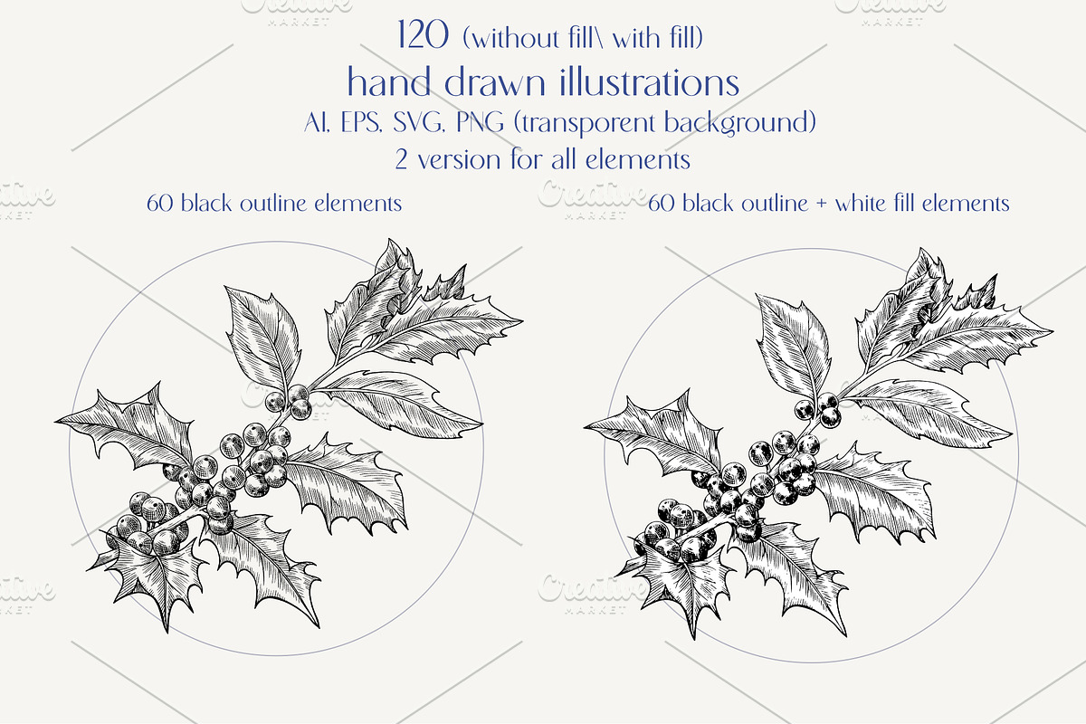Christmas set hand drawn vector, a Decorative Illustration by ON_lineart_store (Photo 2 of 10)