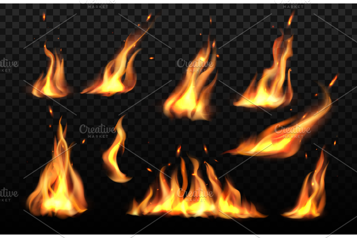 Realistic fire flames, burn torch, an Illustration by Vector Tradition