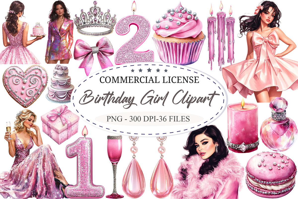 Birthday Girl Clipart Bundle, a Seasonal Illustration by designcity5 (Photo 1 of 5)