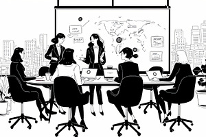 Business team collaborating in a modern office space with city skyline backdrop, a Photo by AS photostudio