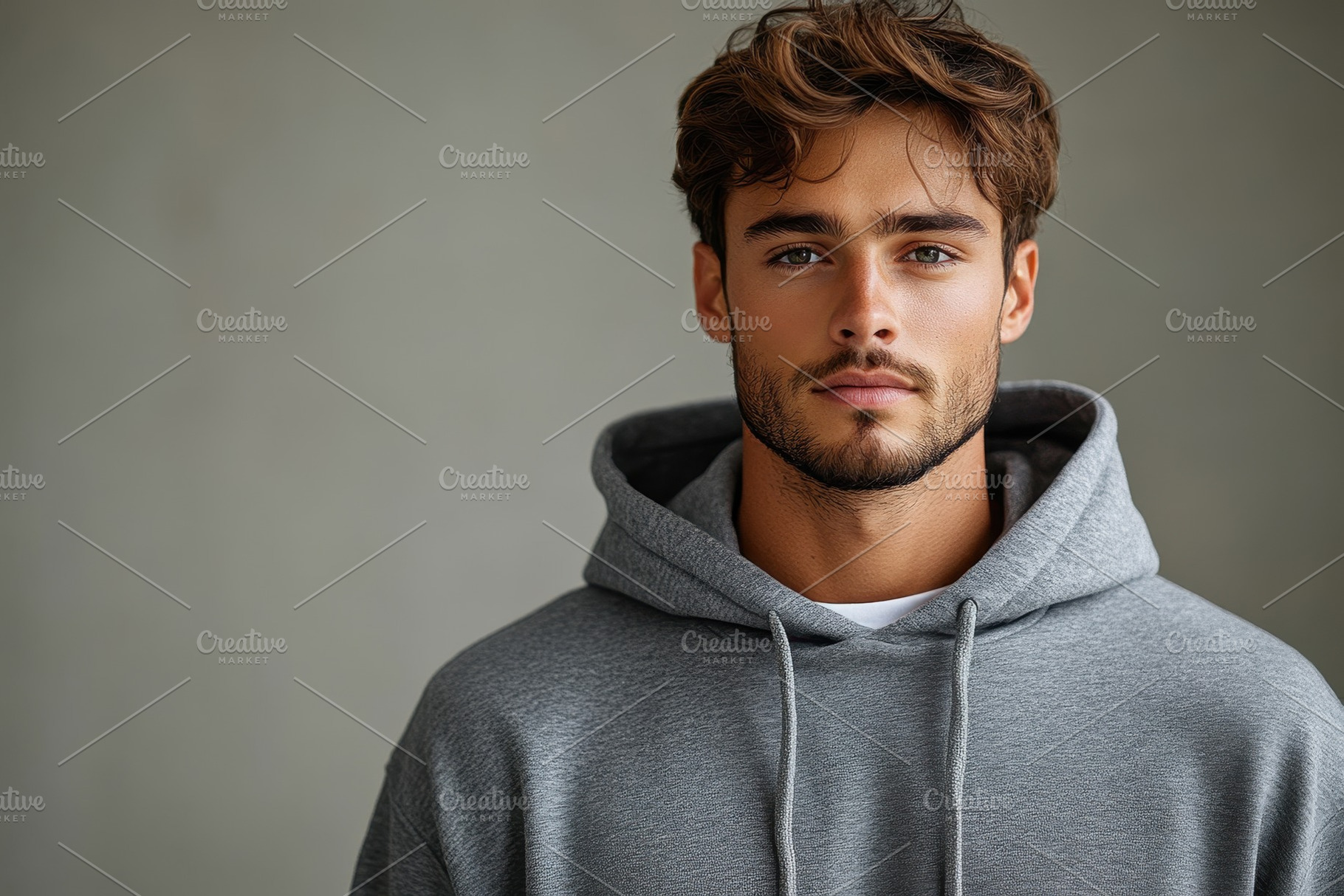 Young man in gray hoodie poses confi, a Photo by Tanuart