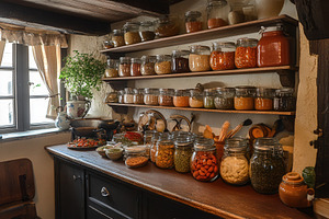 A warm, inviting kitchen with jars, a Photo by Pavel_design
